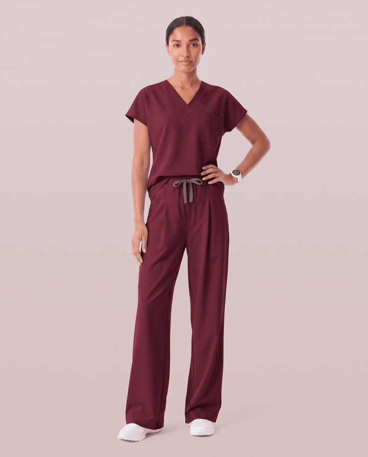 Ruched High-Rise Wide-Leg Pant Burgundy