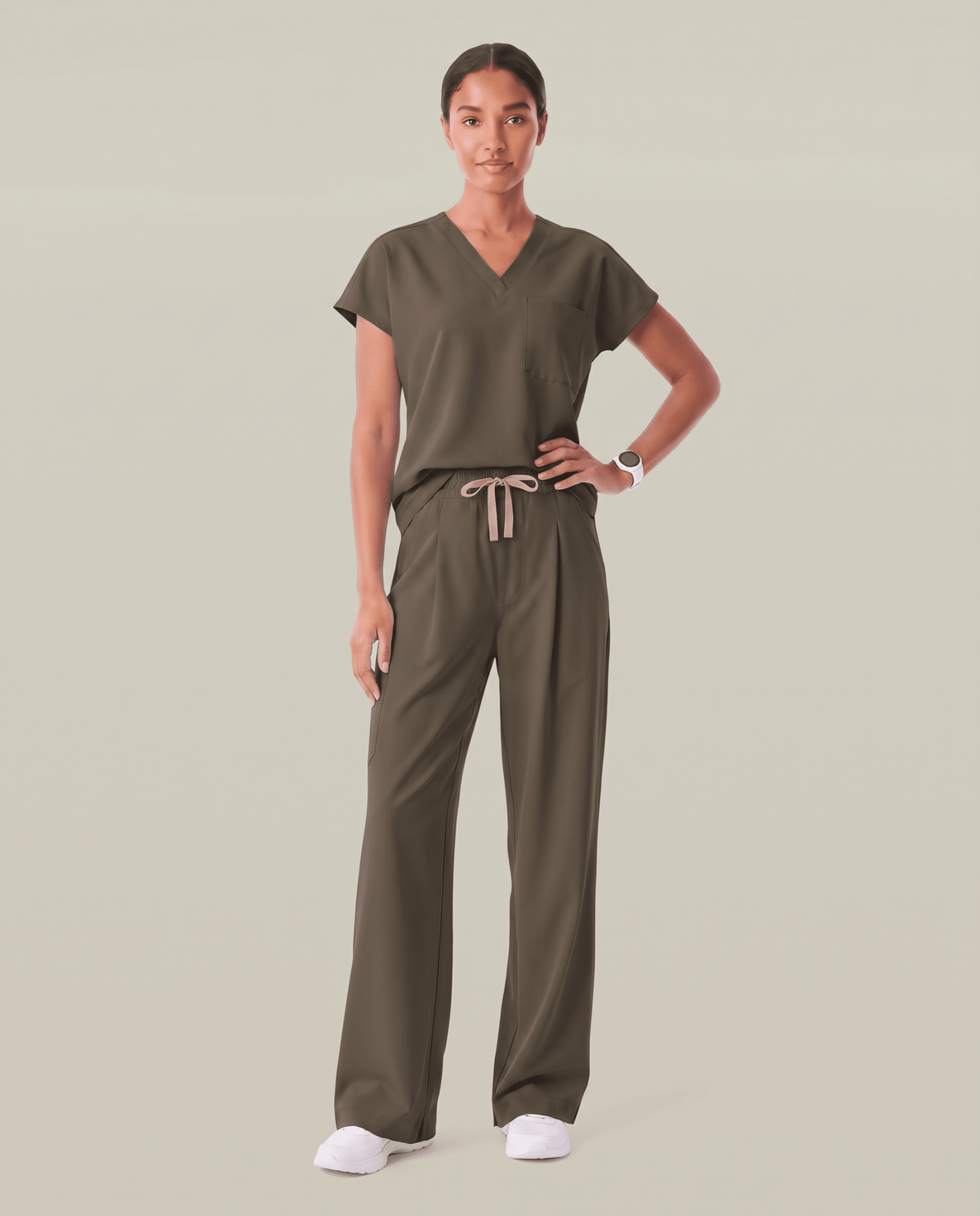 Ruched High-Rise Wide-Leg Pant Olive - Scrubloop