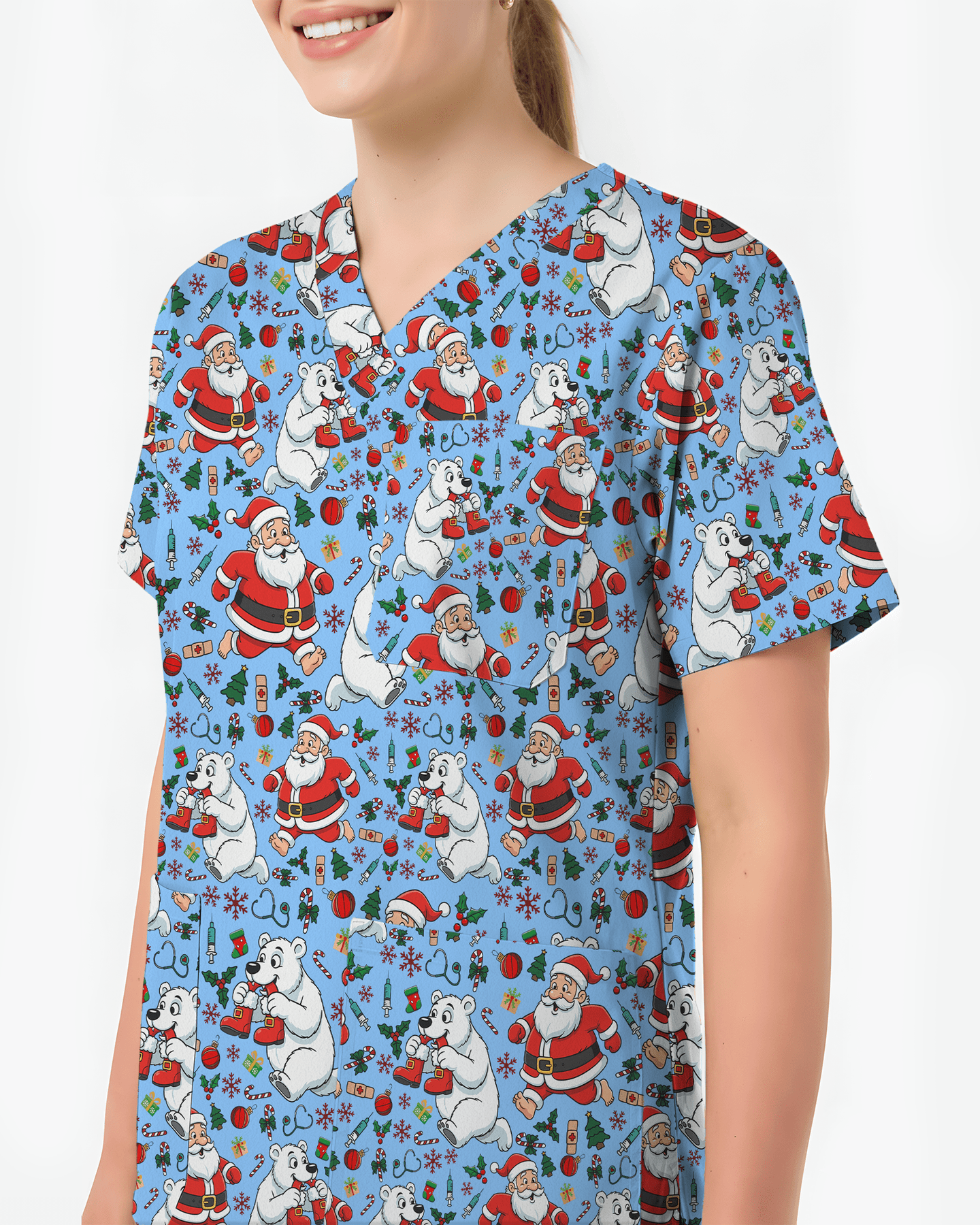 Santa and Polar Bear Christmas Holiday Nursing Scrub Top - Scrubloop