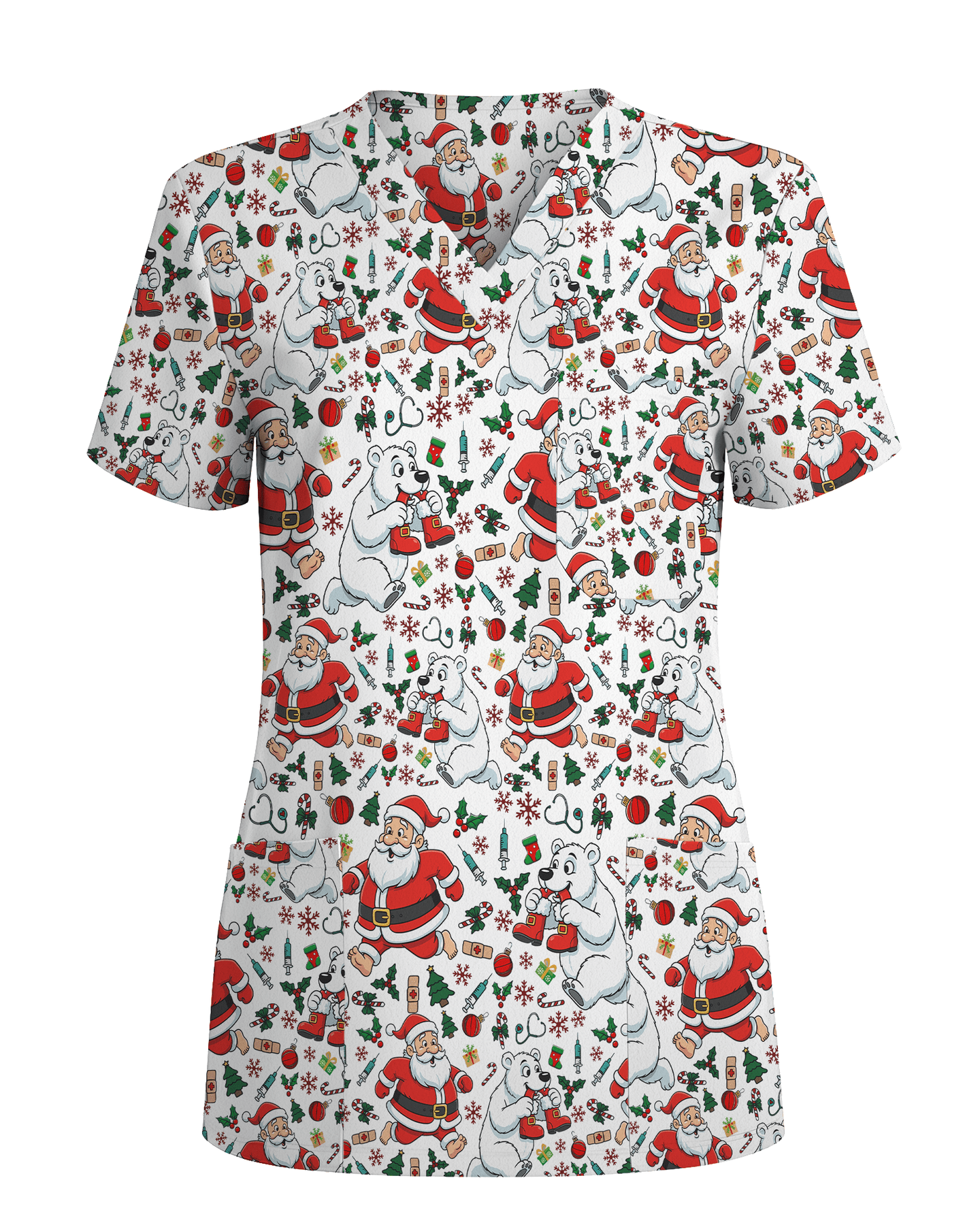 Santa and Polar Bear Christmas Holiday Nursing Scrub Top - Scrubloop