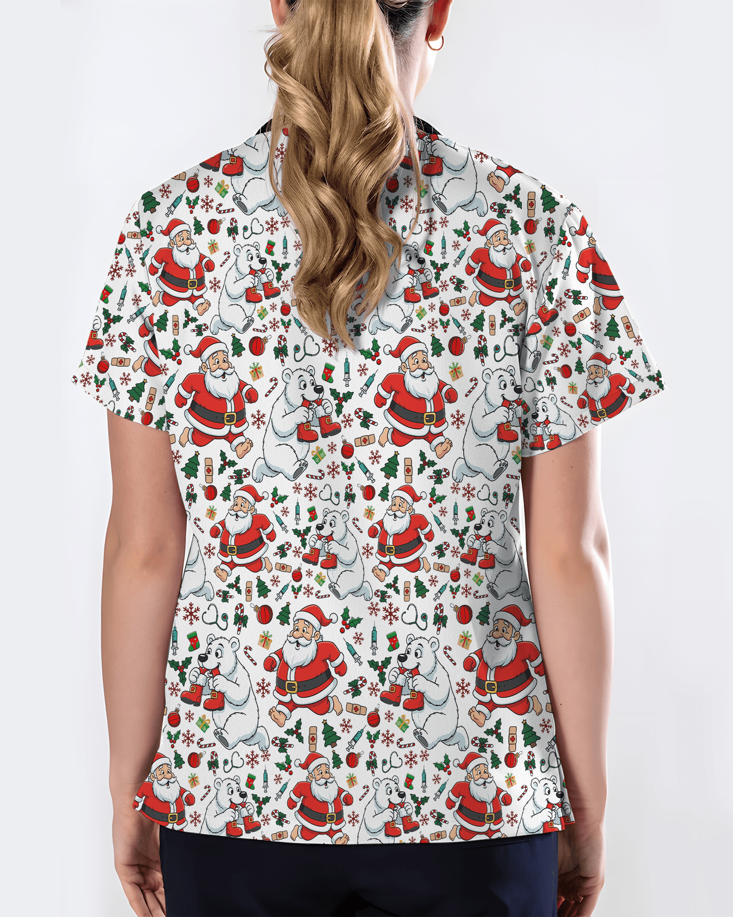 Santa and Polar Bear Christmas Holiday Nursing Scrub Top - Scrubloop
