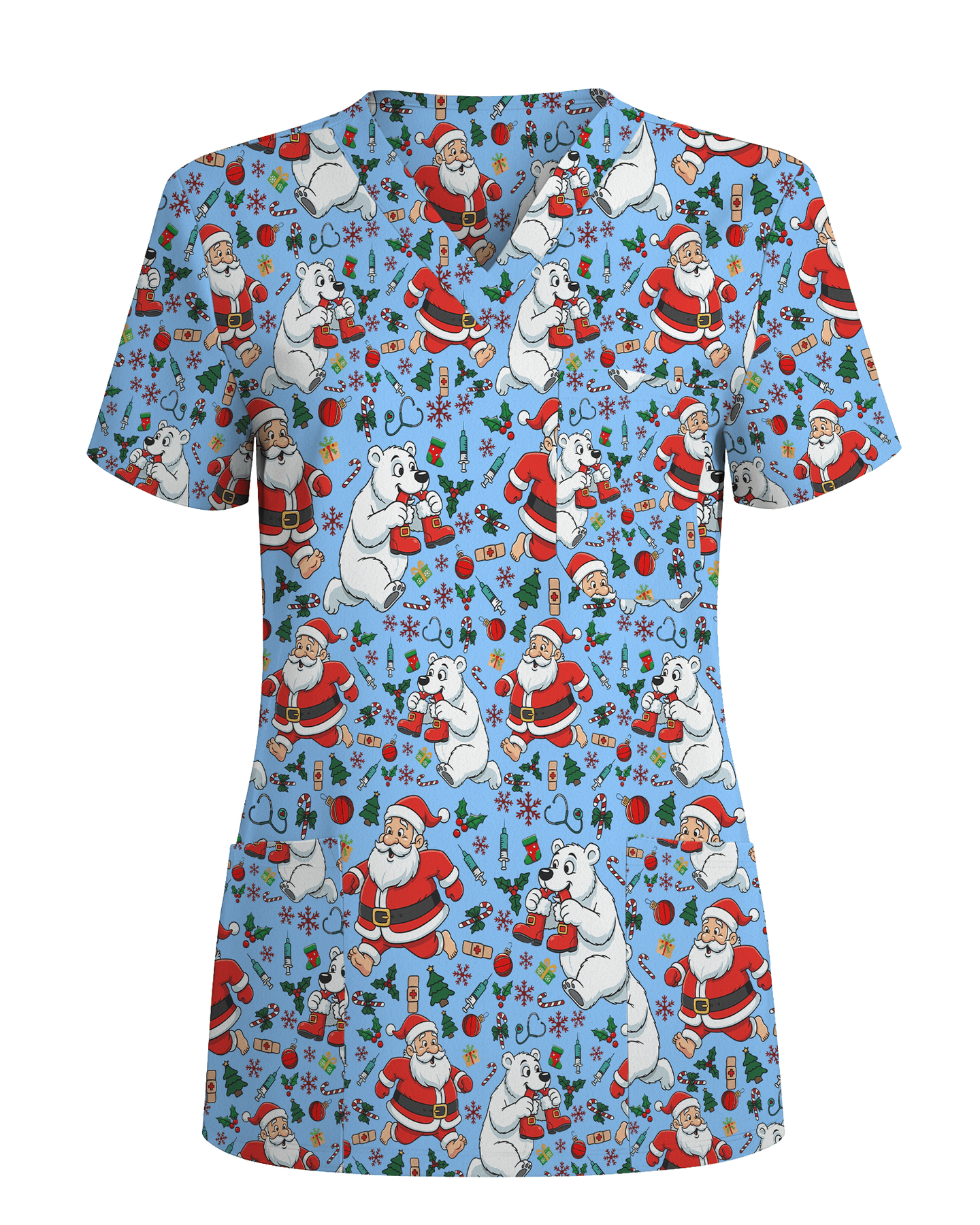 Santa and Polar Bear Christmas Holiday Nursing Scrub Top - Scrubloop