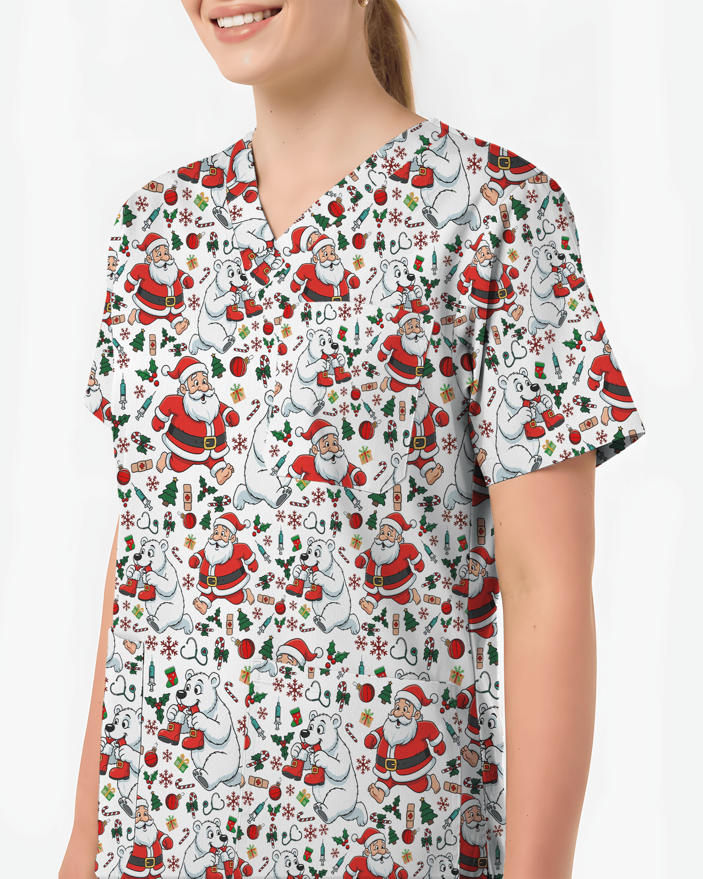 Santa and Polar Bear Christmas Holiday Nursing Scrub Top - Scrubloop