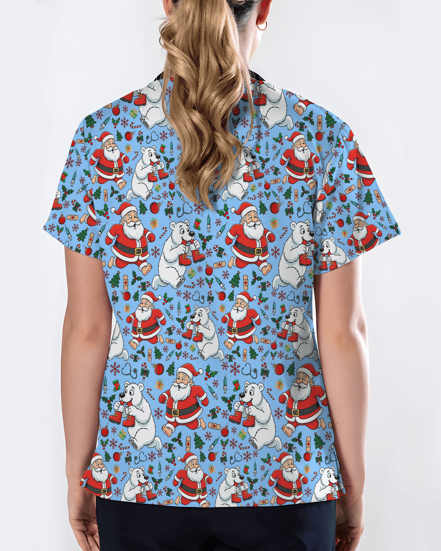 Santa and Polar Bear Christmas Holiday Nursing Scrub Top - Scrubloop