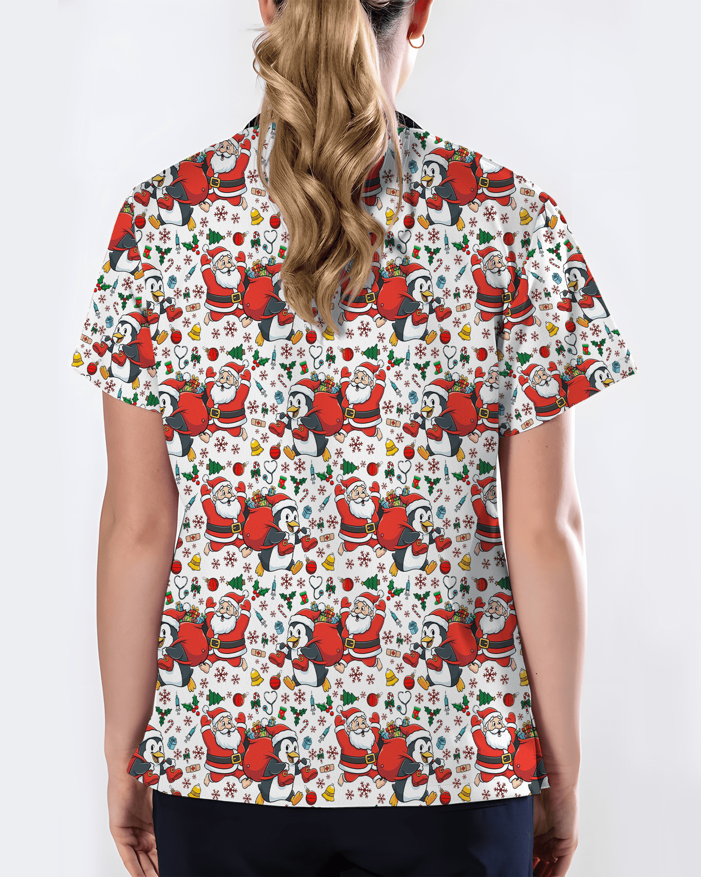 Santa Penguin Christmas Nursing Scrub Top - Scrubloop