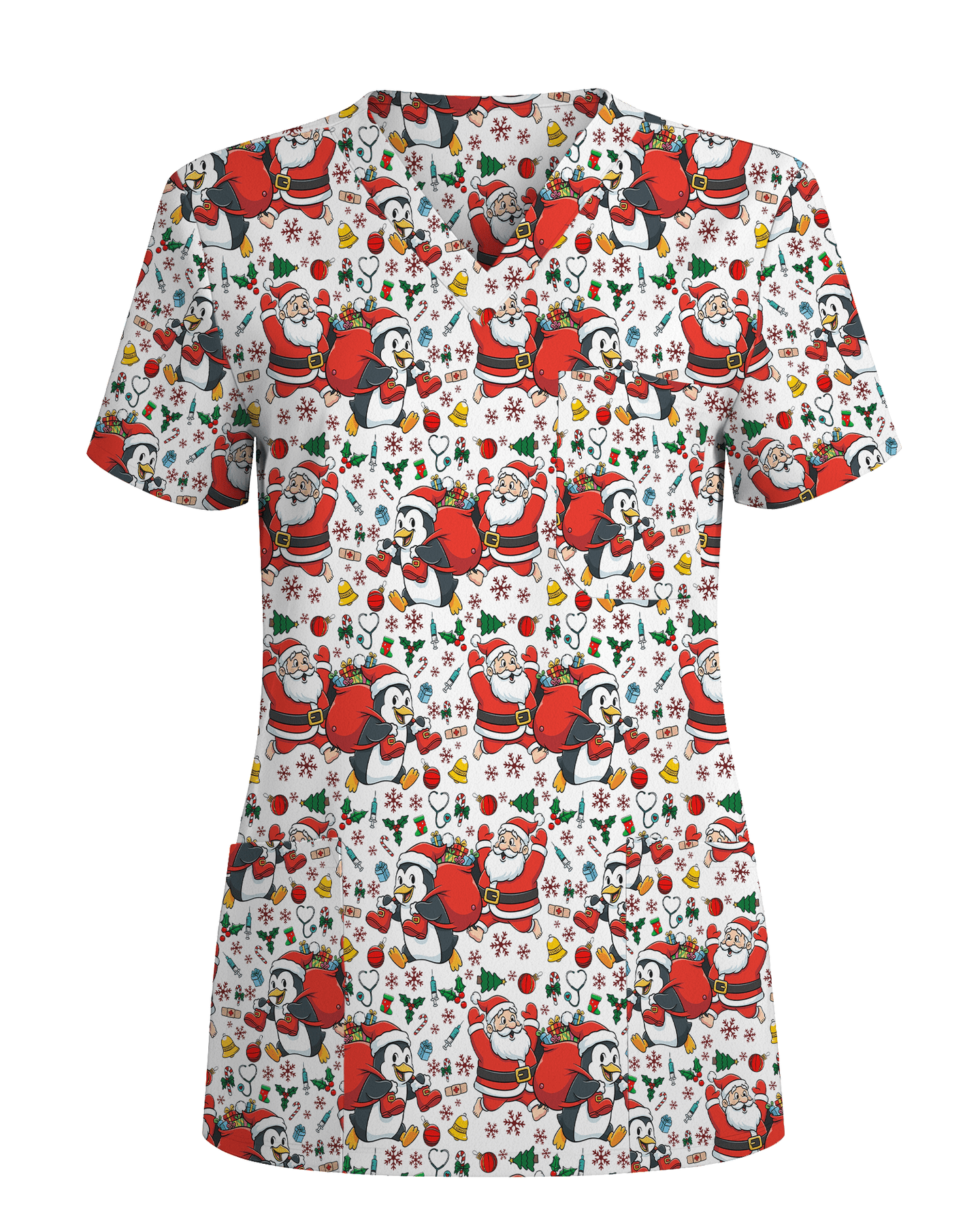 Santa Penguin Christmas Nursing Scrub Top - Scrubloop