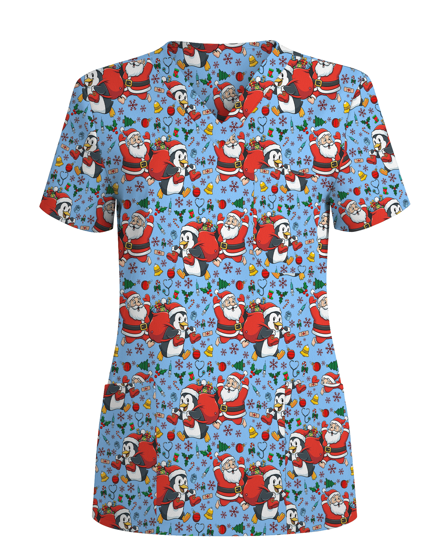 Santa Penguin Christmas Nursing Scrub Top - Scrubloop