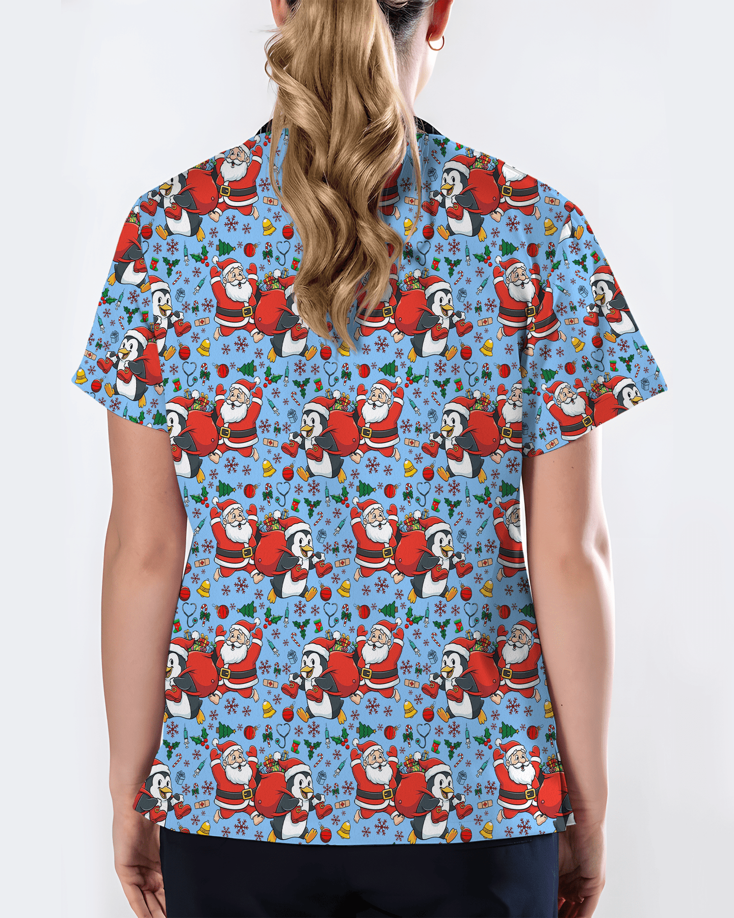 Santa Penguin Christmas Nursing Scrub Top - Scrubloop