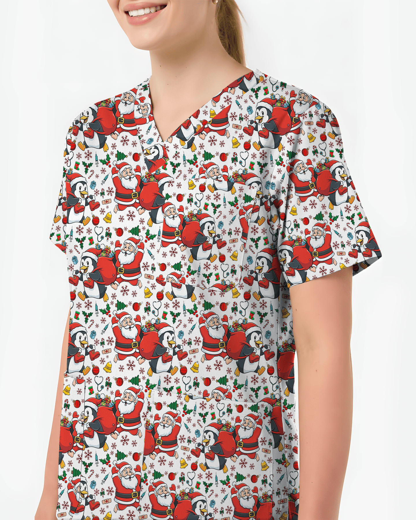 Santa Penguin Christmas Nursing Scrub Top - Scrubloop