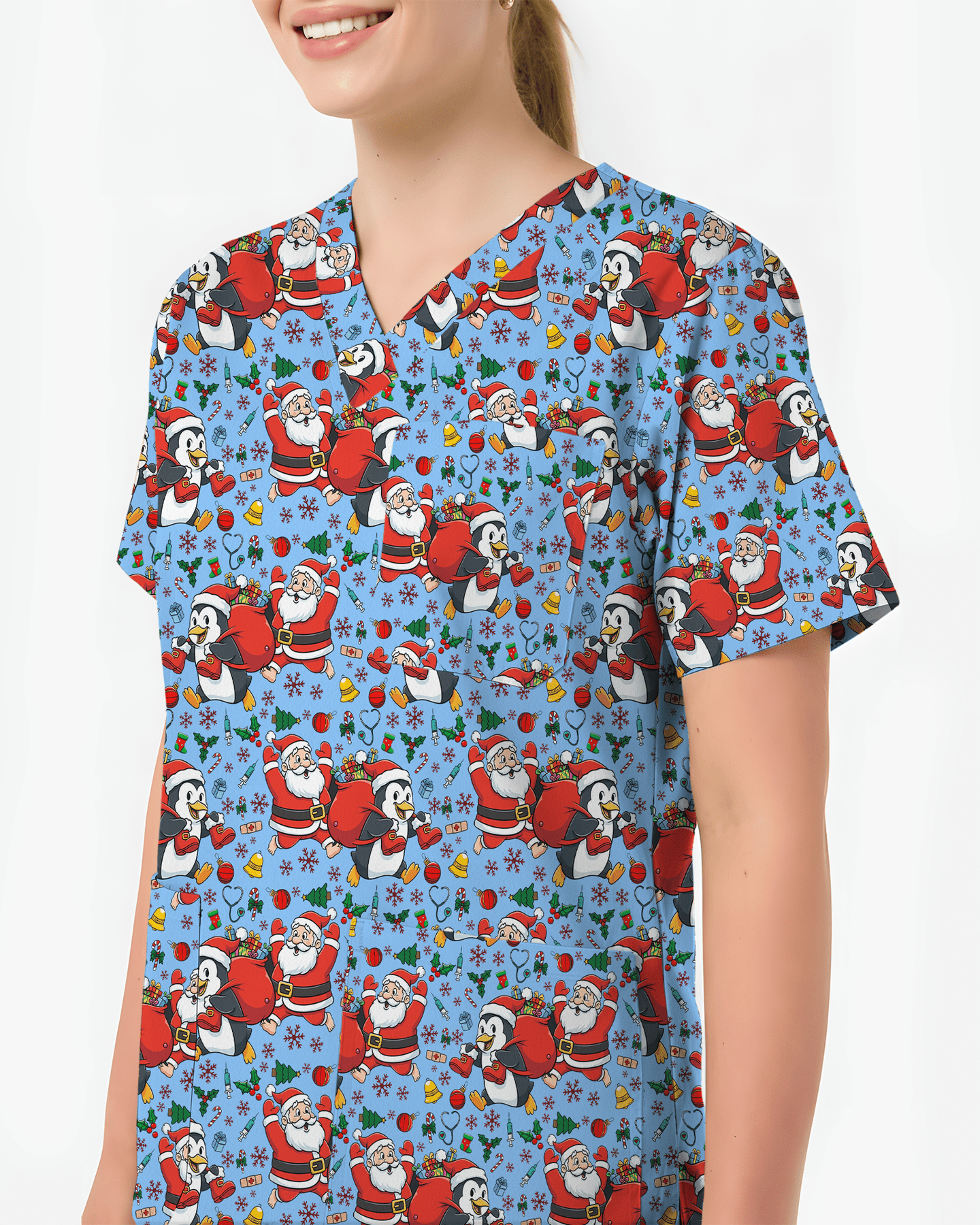 Santa Penguin Christmas Nursing Scrub Top - Scrubloop