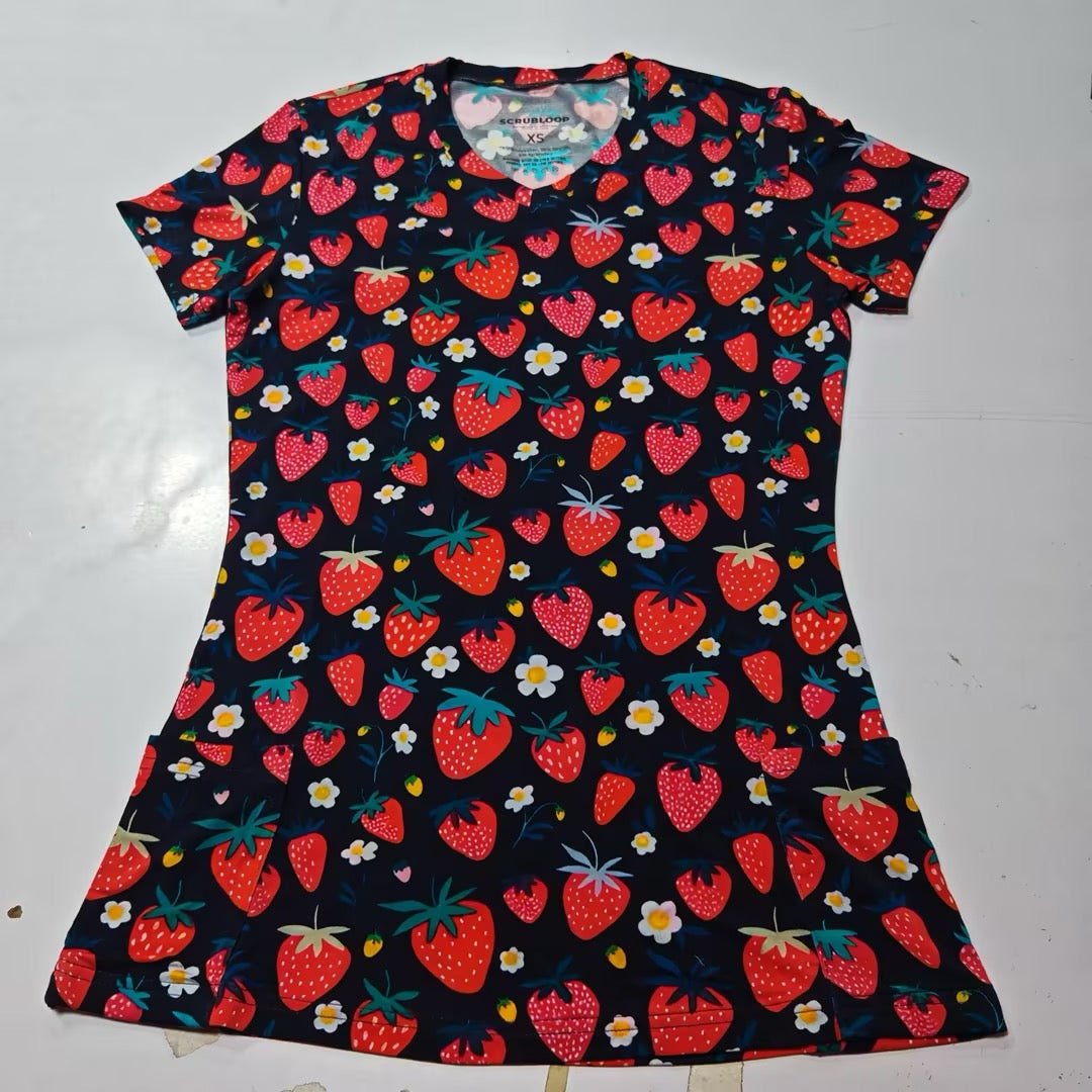 ScrubLoop Summer Strawberry Harvest Women Scrub Top - Scrubloop