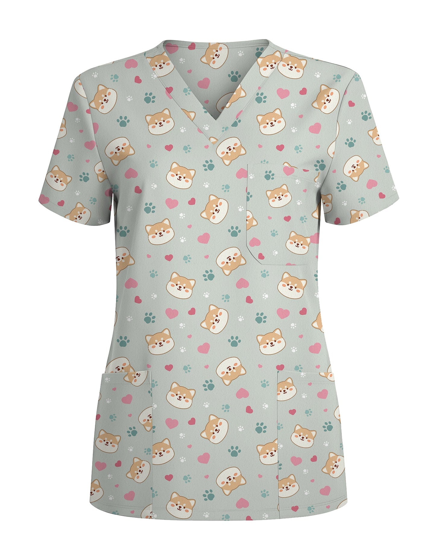 Shiba Inu Playful Kawaii Spirit Women Scrub Top - Scrubloop