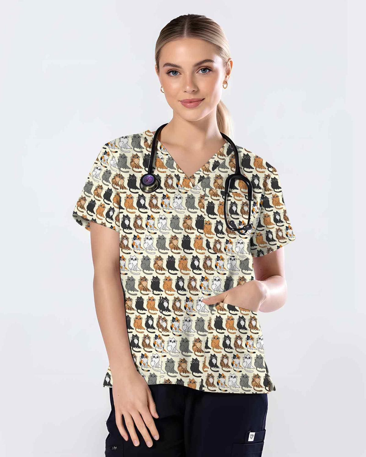 Sitting Cats Cat Lover Scrub Top - Scrubloop