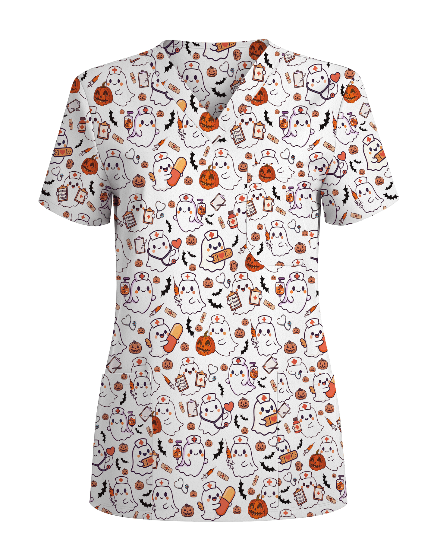 Spooky Cute Ghost Nurse Halloween Scrub Top - Scrubloop