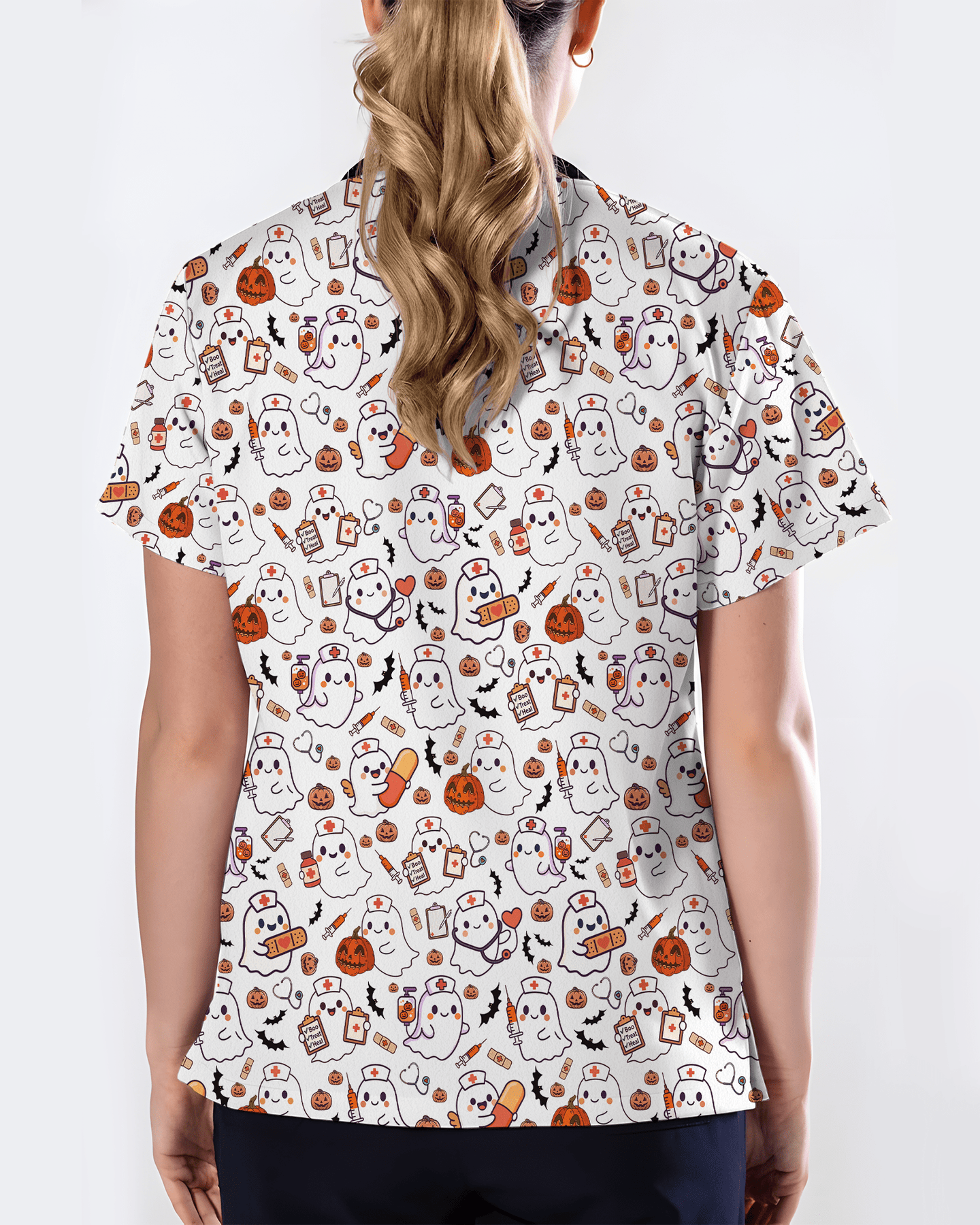 Spooky Cute Ghost Nurse Halloween Scrub Top - Scrubloop
