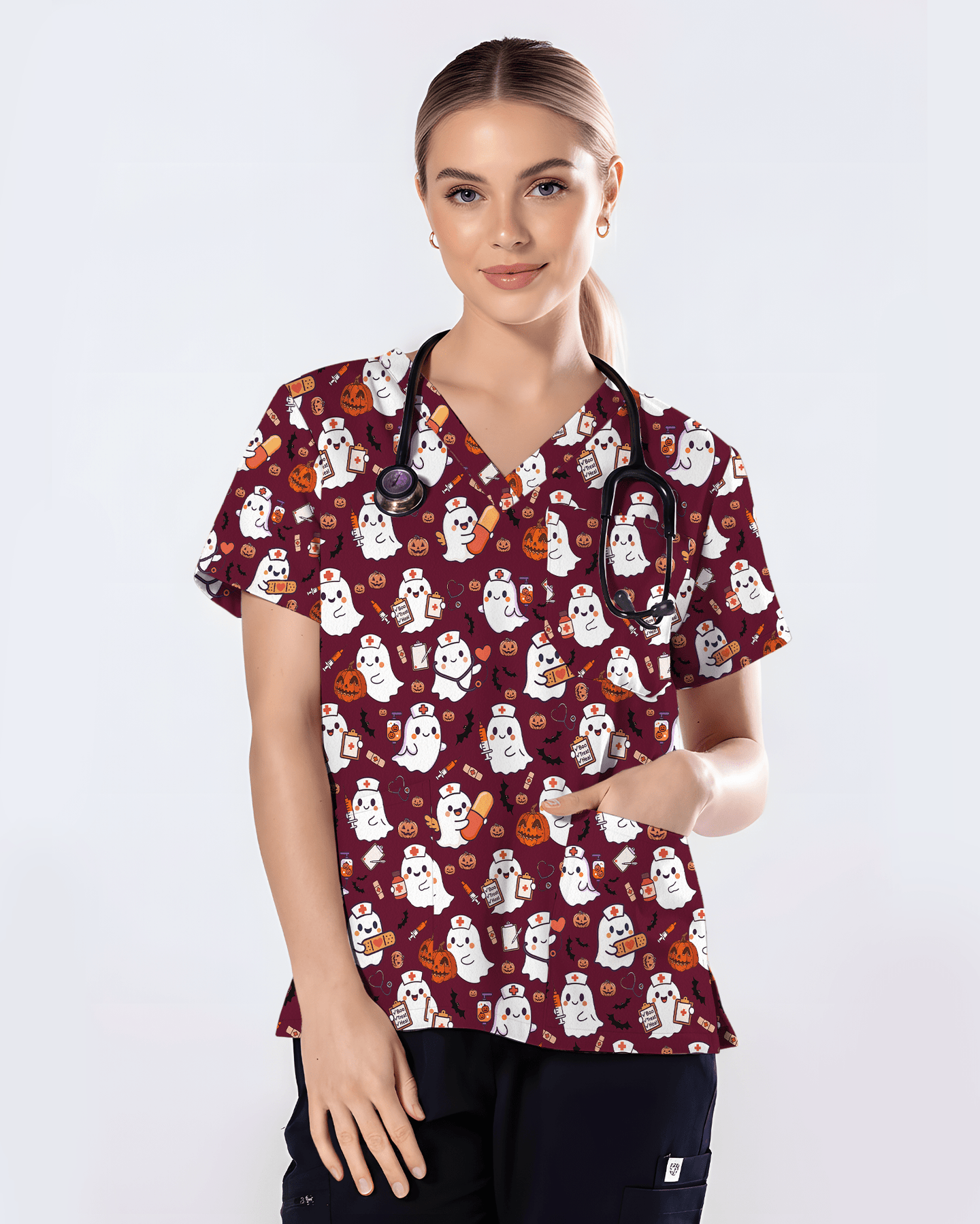 Spooky Cute Ghost Nurse Halloween Scrub Top - Scrubloop