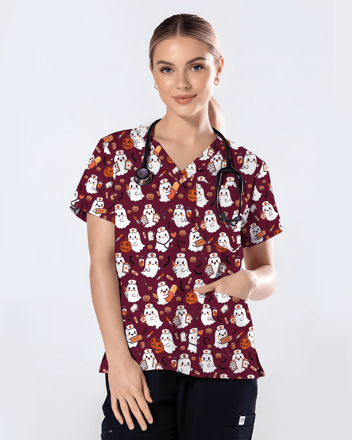 Spooky Cute Ghost Nurse Halloween Scrub Top