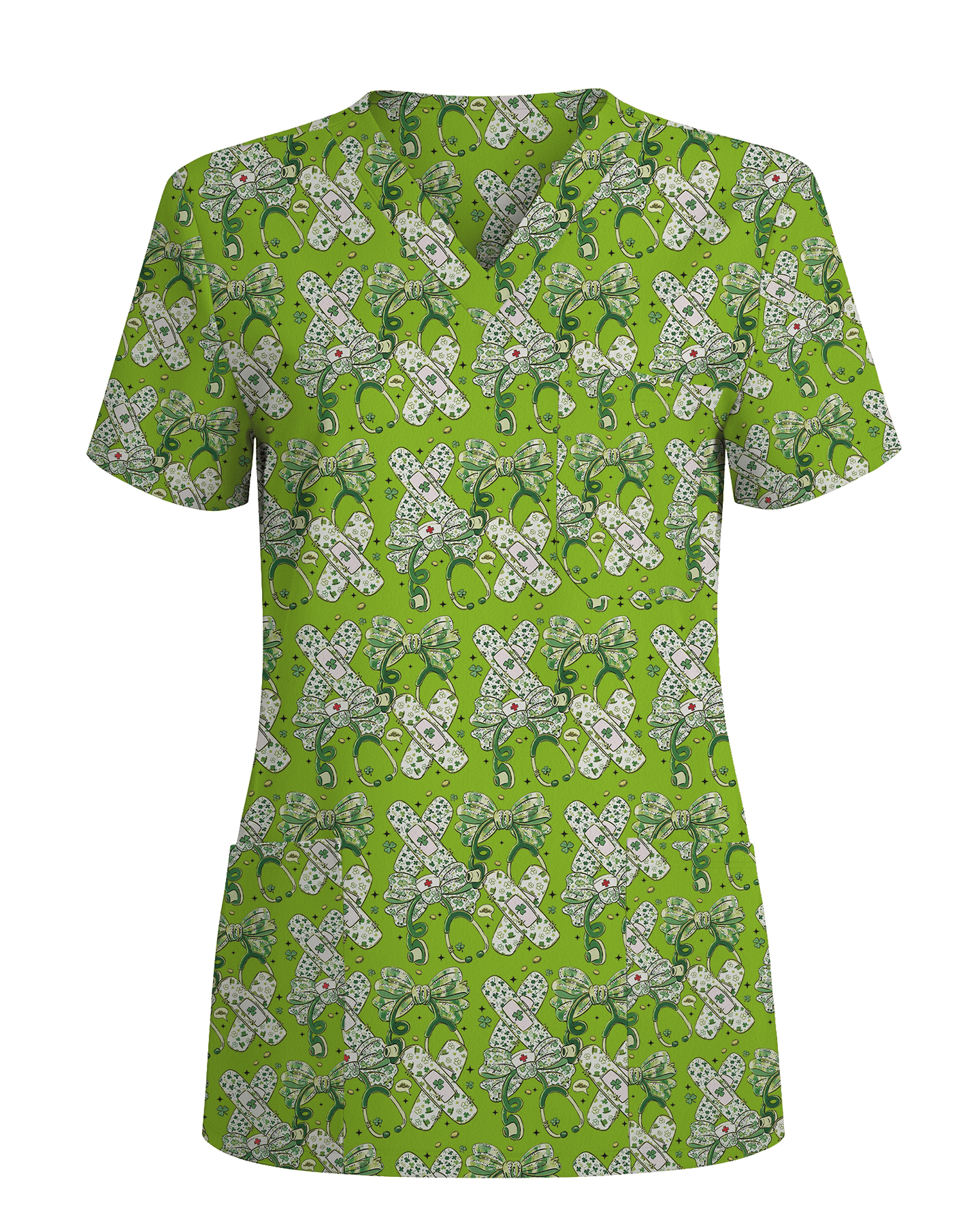 St Patrick's Day Lucky Clover Nurse Scrub Top - Scrubloop