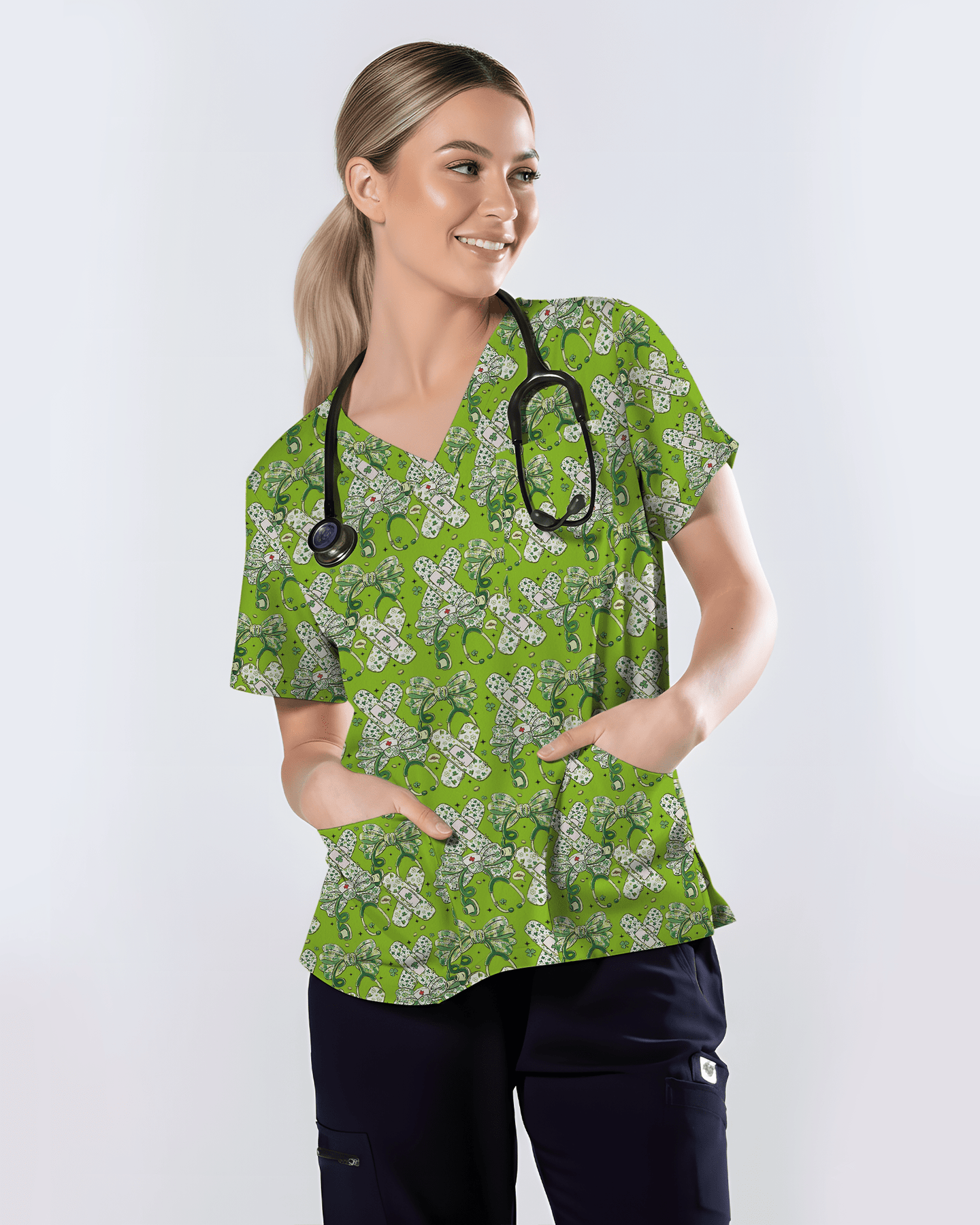 St Patrick's Day Lucky Clover Nurse Scrub Top - Scrubloop