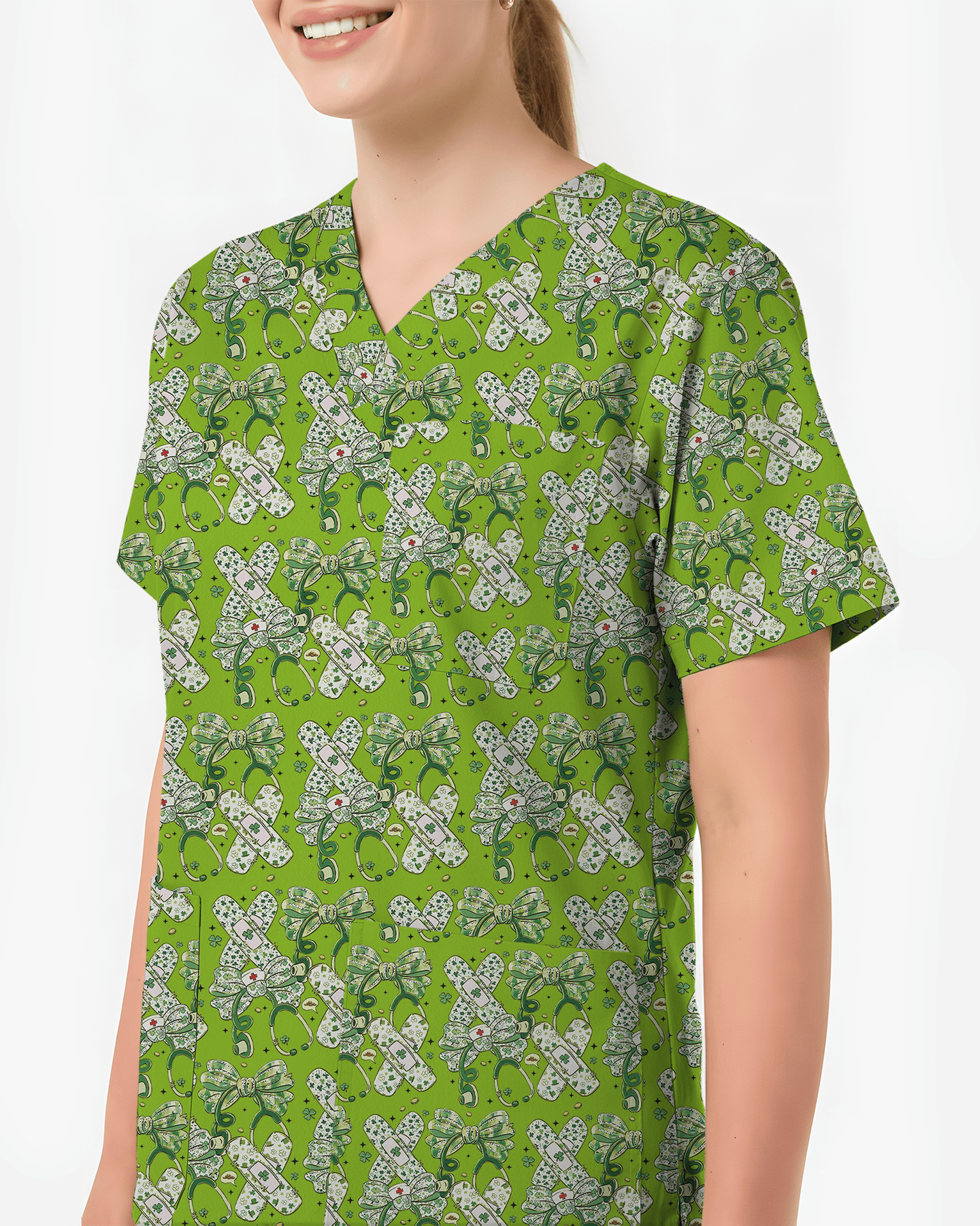 St Patrick's Day Lucky Clover Nurse Scrub Top - Scrubloop