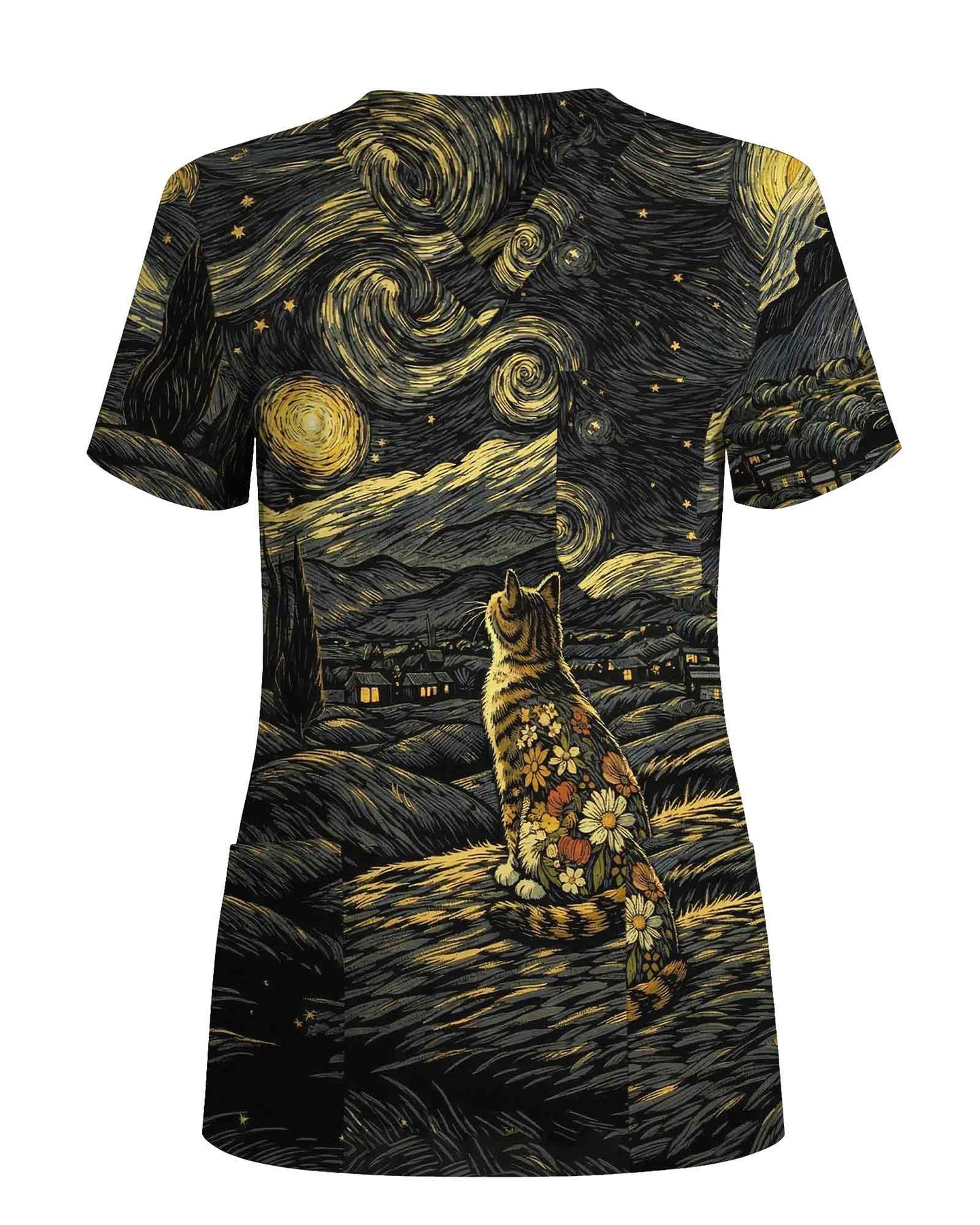 Starry Night Van Gogh Cat Nurse Scrub Top - Scrubloop