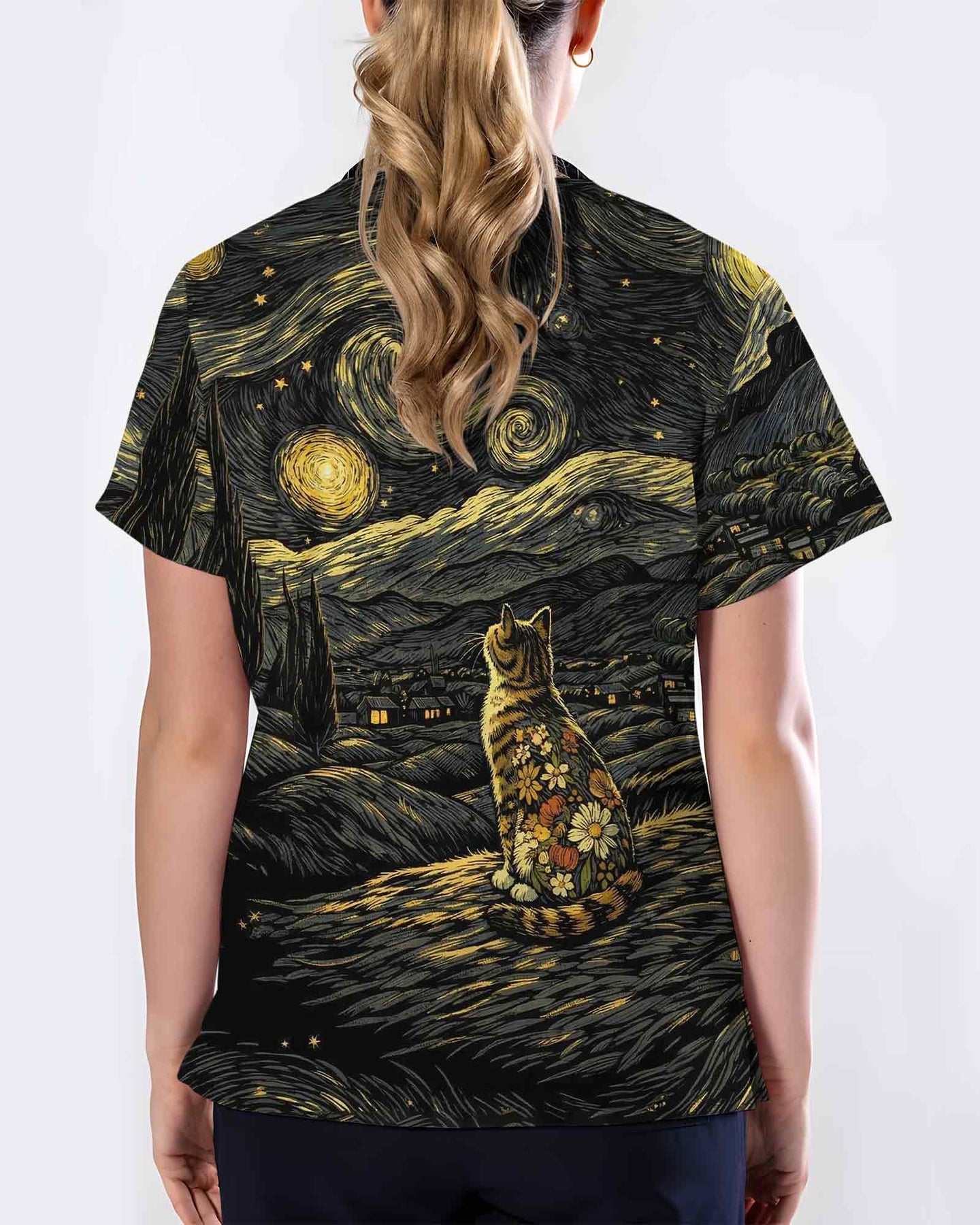 Starry Night Van Gogh Cat Nurse Scrub Top - Scrubloop