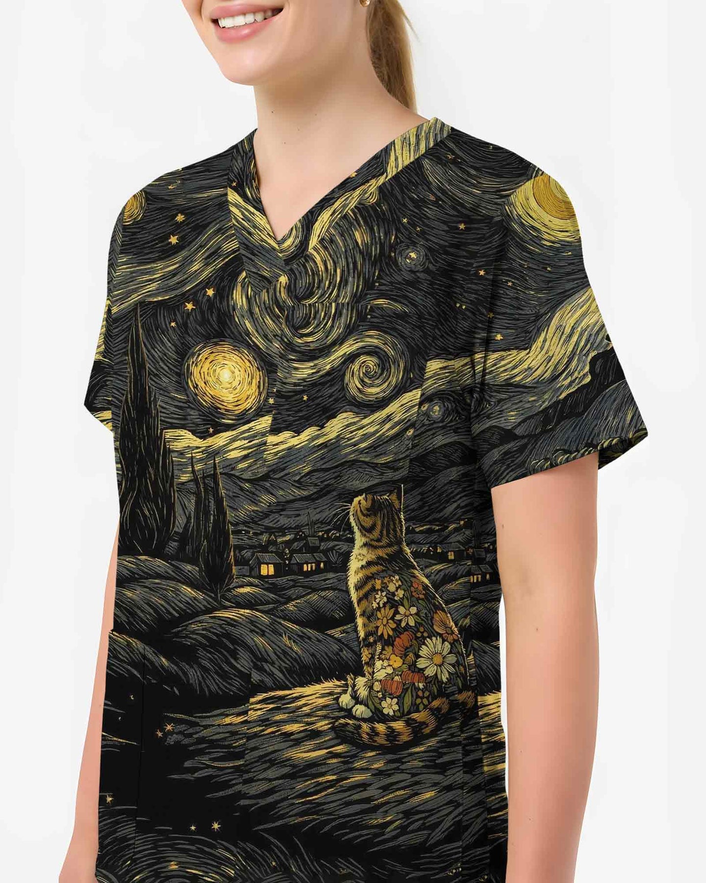 Starry Night Van Gogh Cat Nurse Scrub Top - Scrubloop
