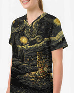 Starry Night Van Gogh Cat Nurse Scrub Top - Scrubloop