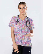 Strawberry Cat Floral Nursing Scrub Top - Scrubloop