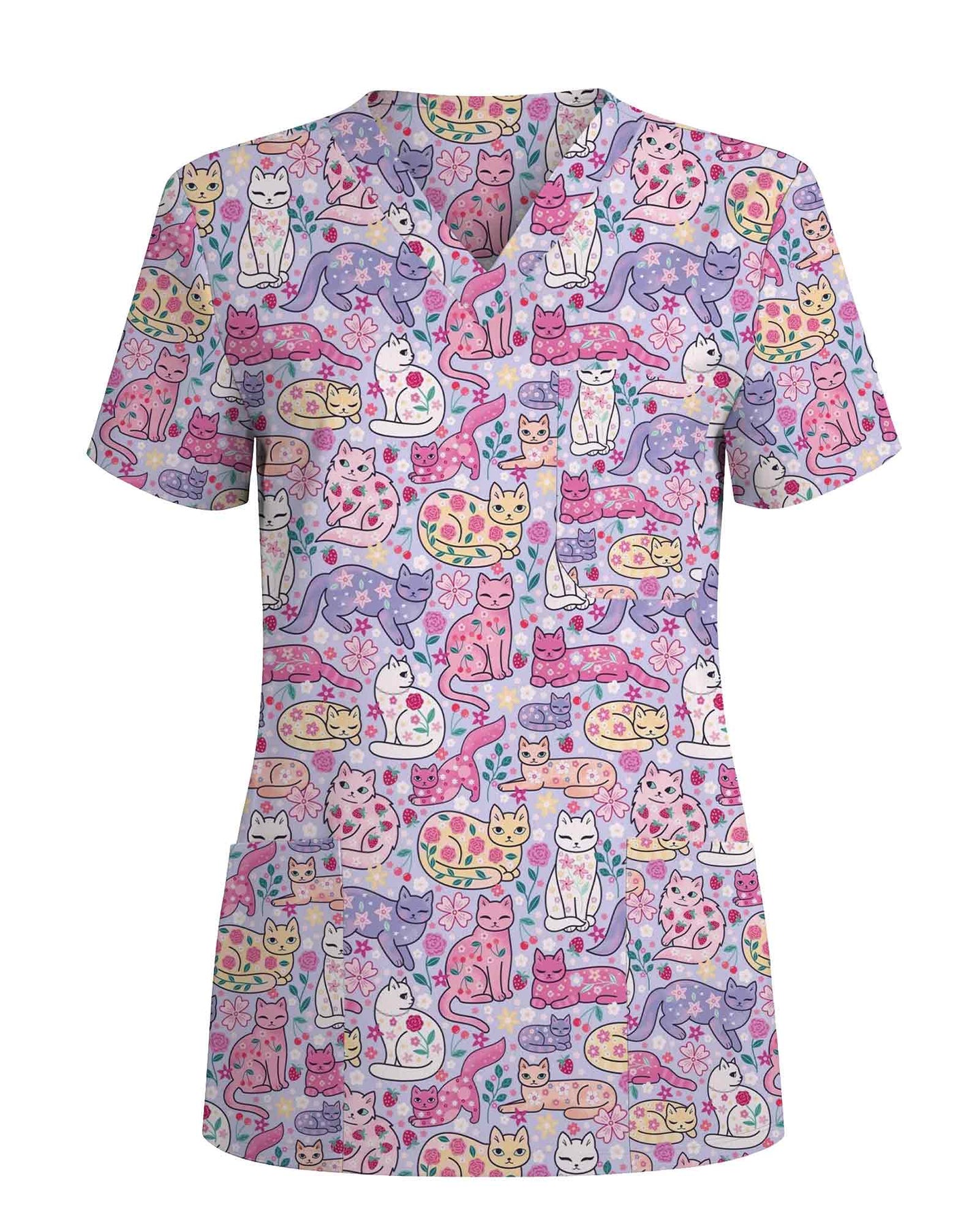 Strawberry Cat Floral Nursing Scrub Top - Scrubloop