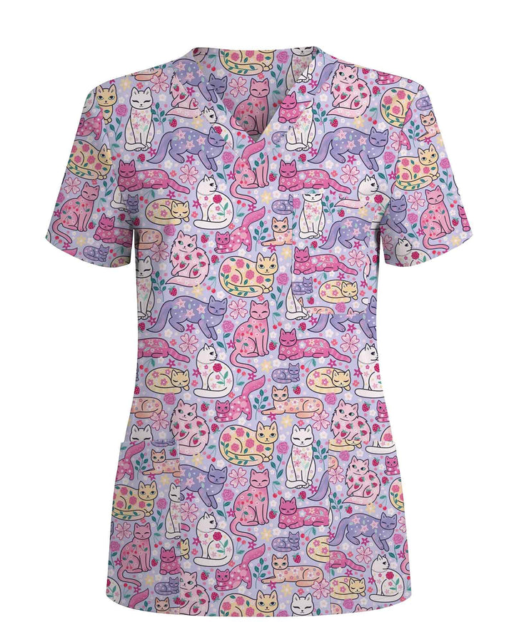 Strawberry Cat Floral Nursing Scrub Top