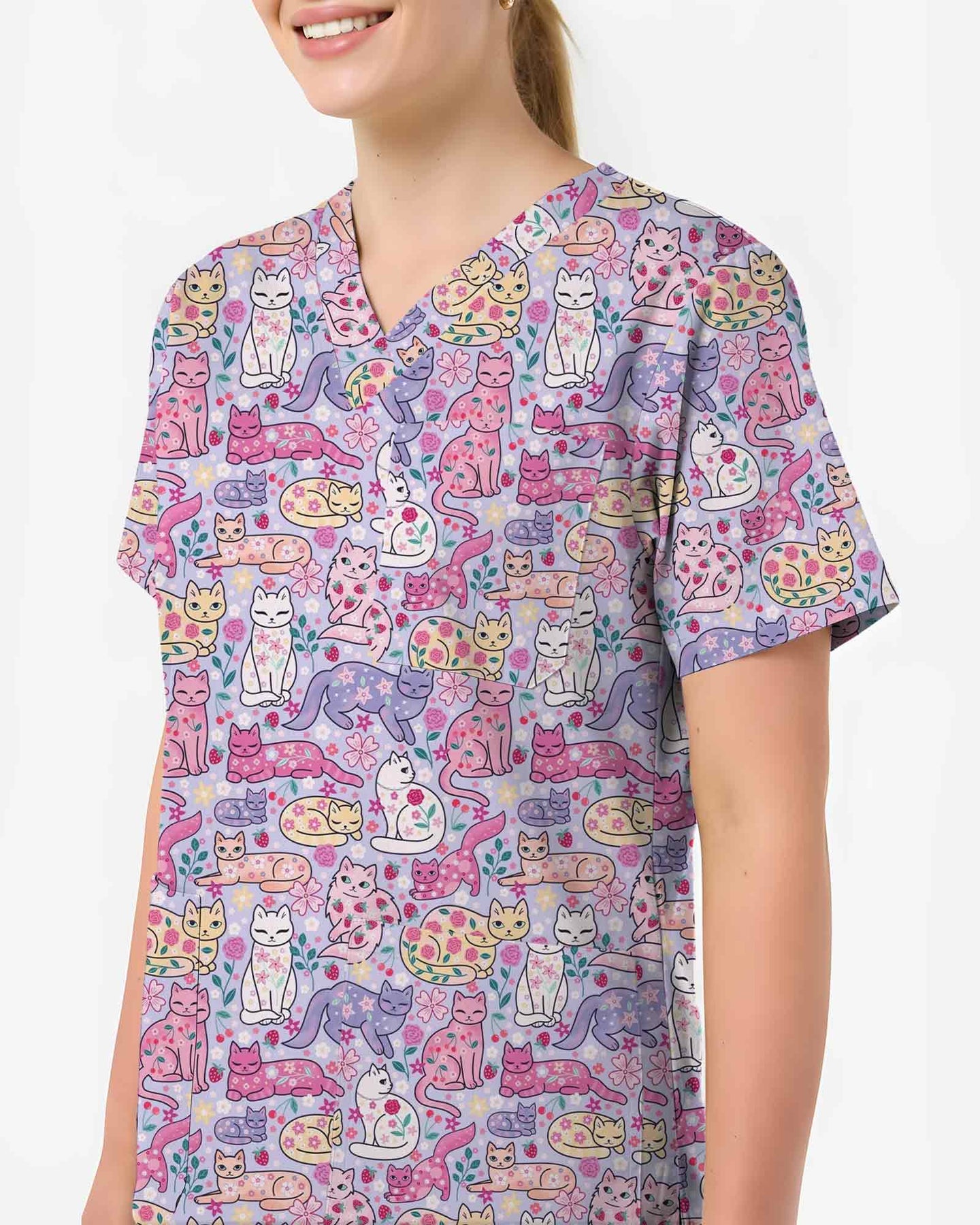 Strawberry Cat Floral Nursing Scrub Top - Scrubloop