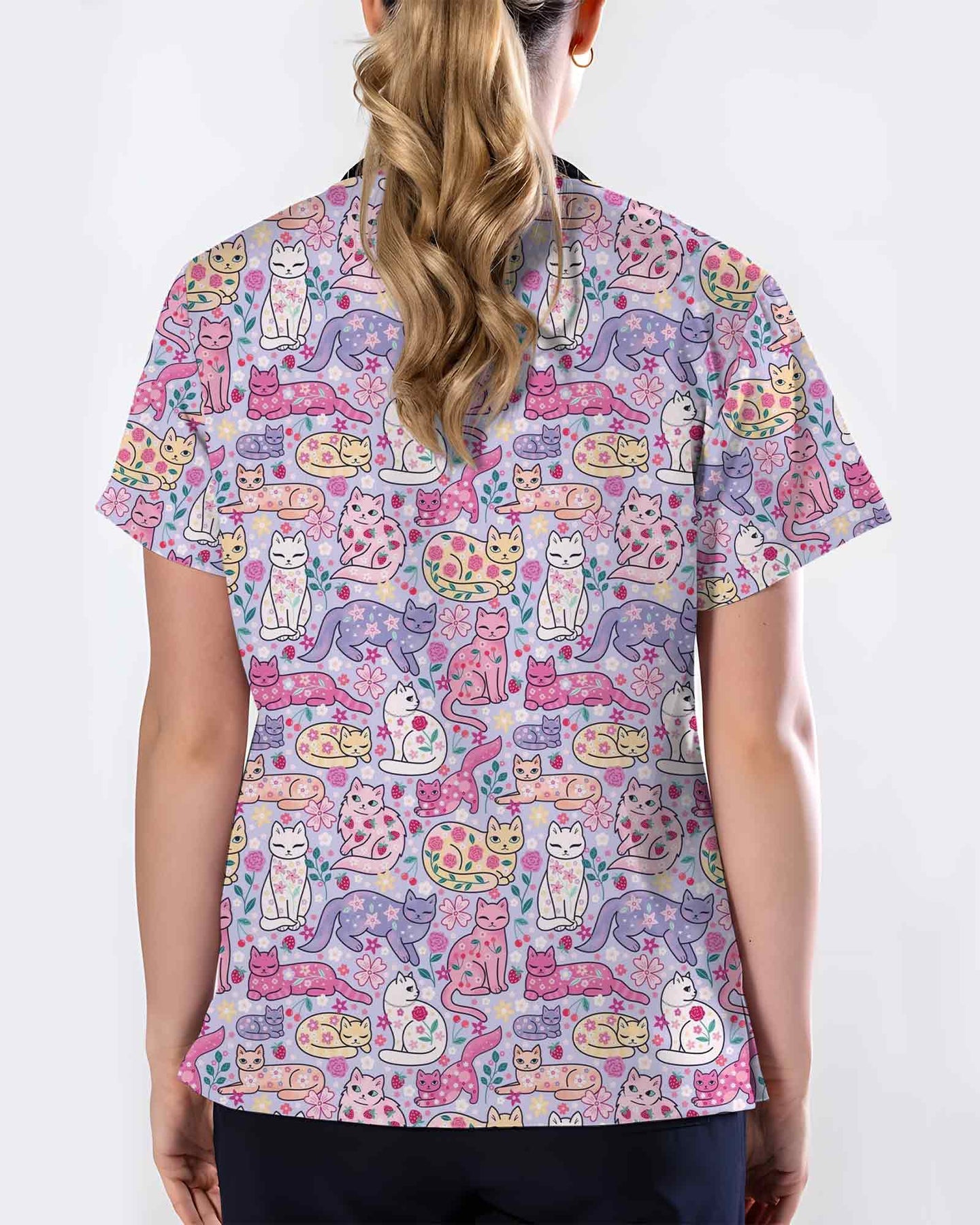 Strawberry Cat Floral Nursing Scrub Top - Scrubloop