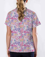 Strawberry Cat Floral Nursing Scrub Top - Scrubloop