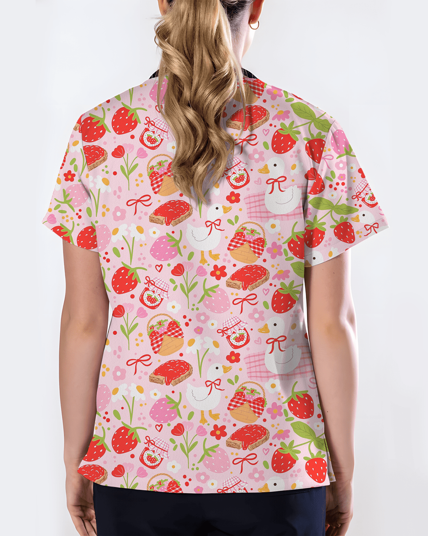 Strawberry Sunday Sweet Picnic Vibes Women Scrub Top - Scrubloop