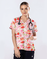 Strawberry Sunday Sweet Picnic Vibes Women Scrub Top - Scrubloop