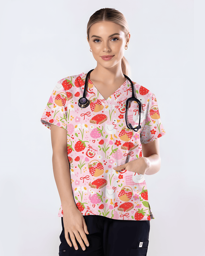 Strawberry Sunday Sweet Picnic Vibes Women Scrub Top