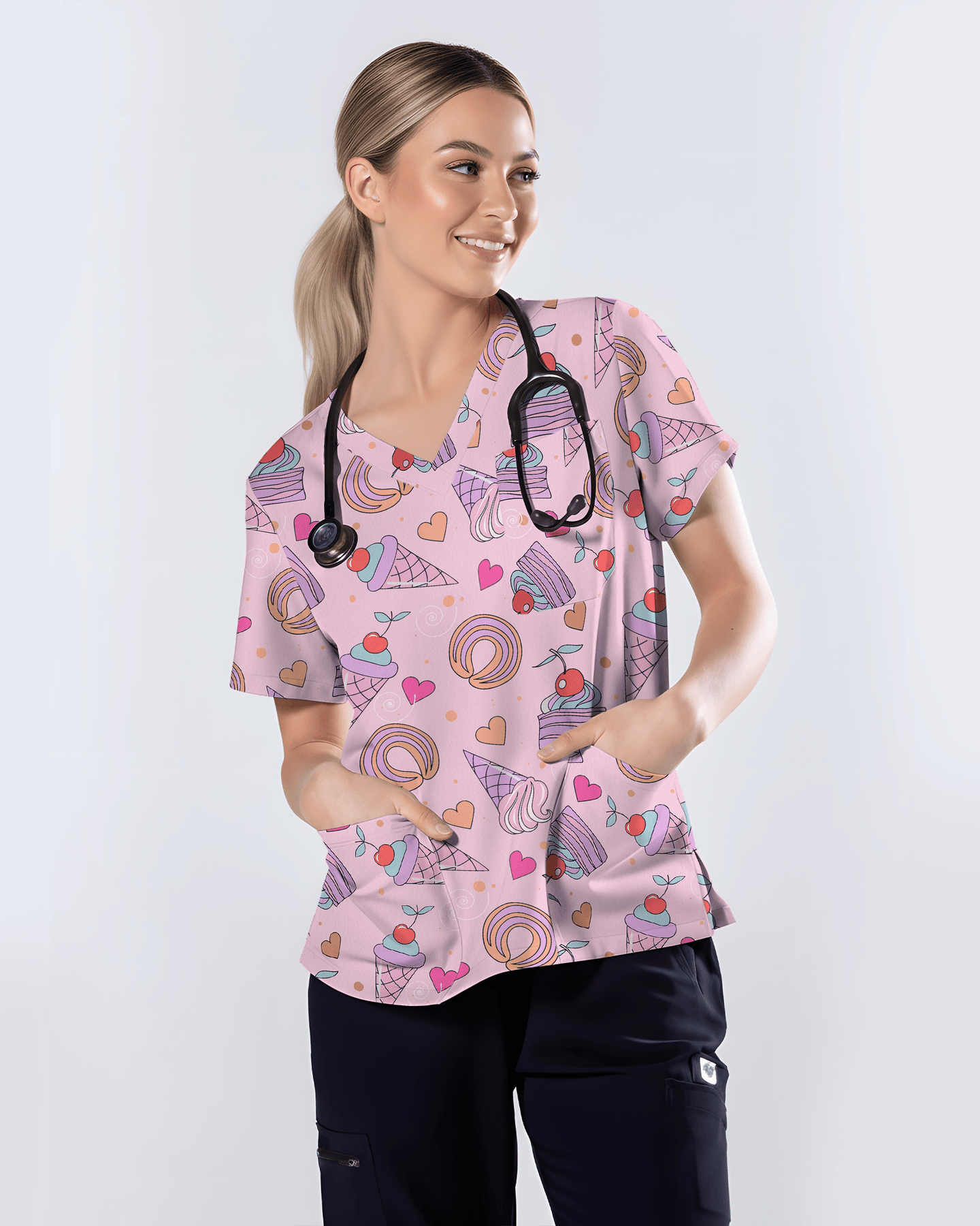 Sugar Rush Sweet Candy Spark Women Scrub Top - Scrubloop