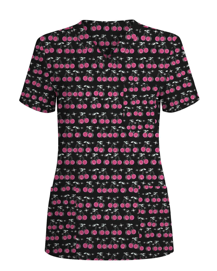 Sweet Pink Cherry Sparkle Nurse Scrub Top