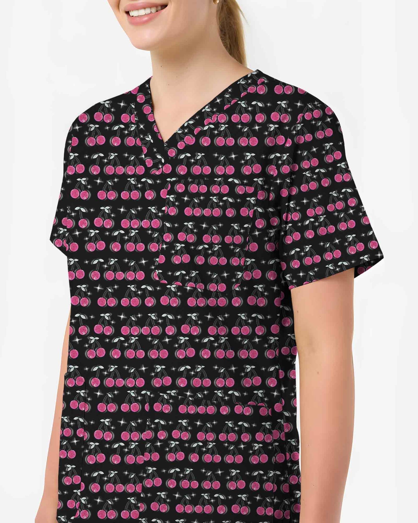 Sweet Pink Cherry Sparkle Nurse Scrub Top - Scrubloop