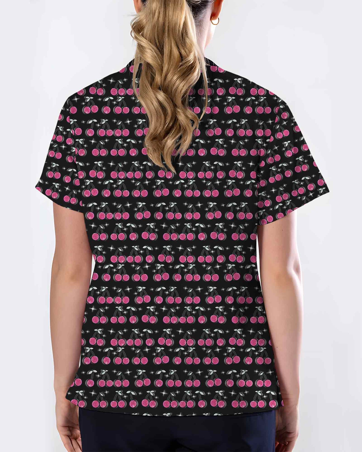Sweet Pink Cherry Sparkle Nurse Scrub Top - Scrubloop
