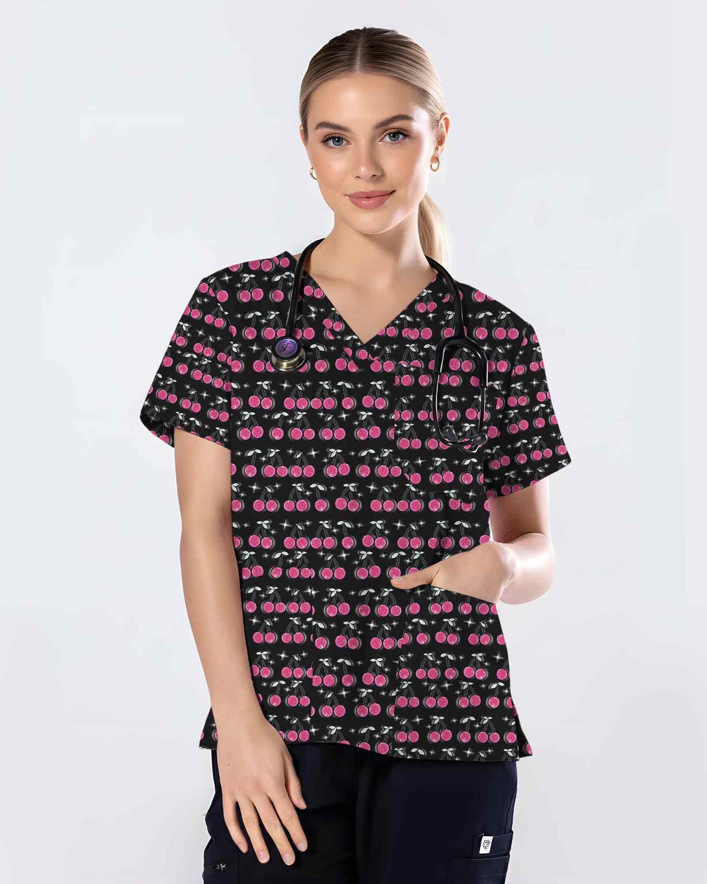 Sweet Pink Cherry Sparkle Nurse Scrub Top - Scrubloop