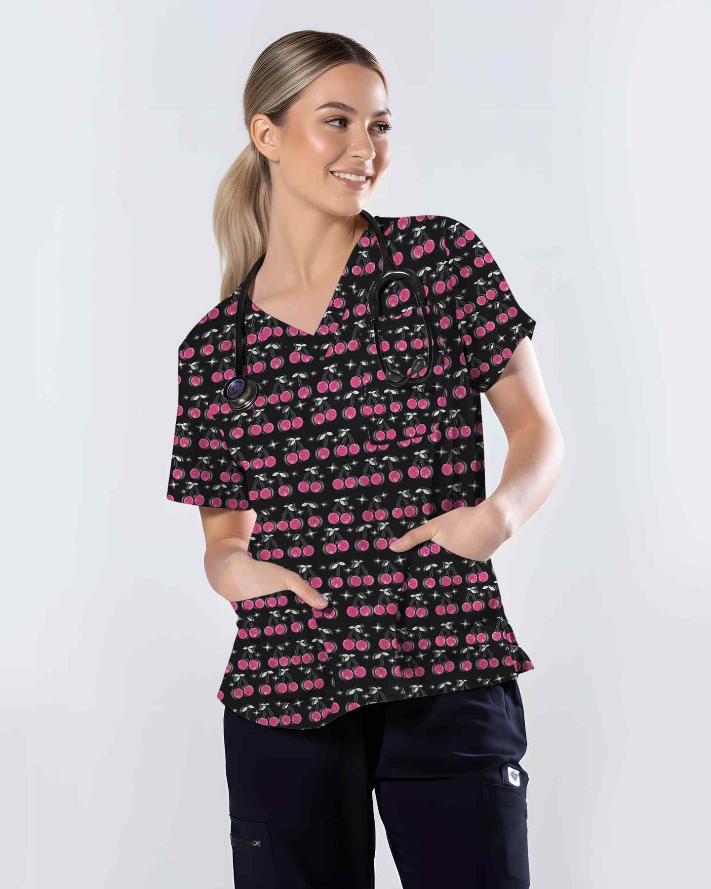 Sweet Pink Cherry Sparkle Nurse Scrub Top - Scrubloop