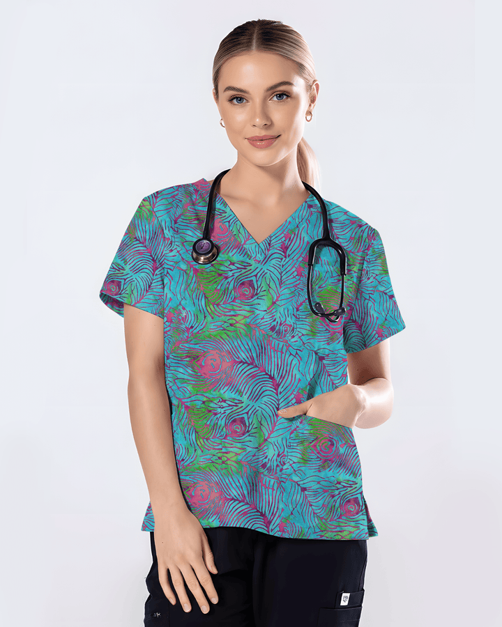 Teal Peacock Plume Women Scrub Top