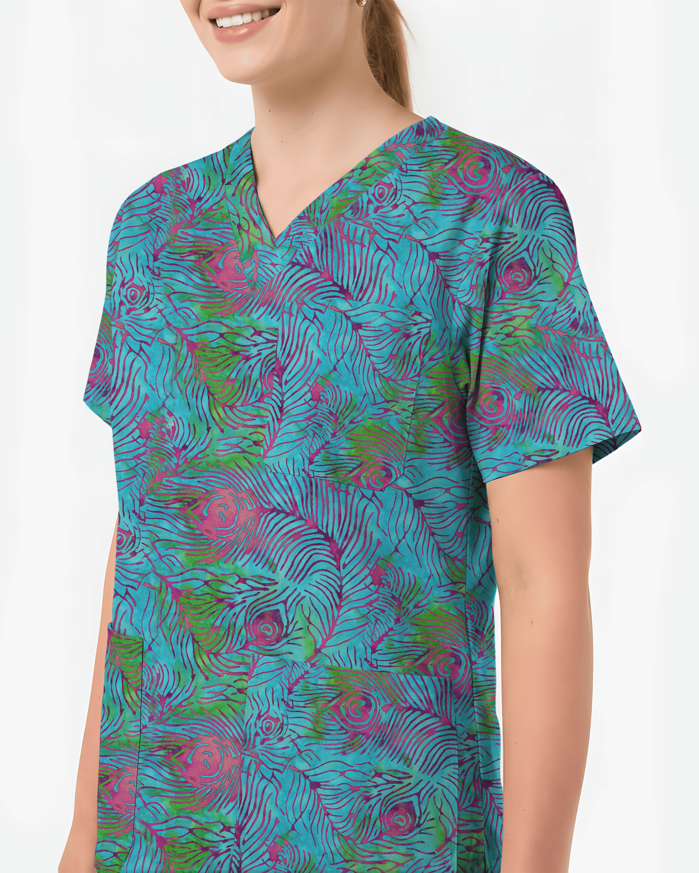 Teal Peacock Plume Women Scrub Top - Scrubloop