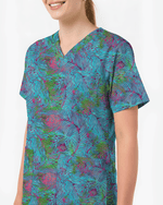 Teal Peacock Plume Women Scrub Top - Scrubloop
