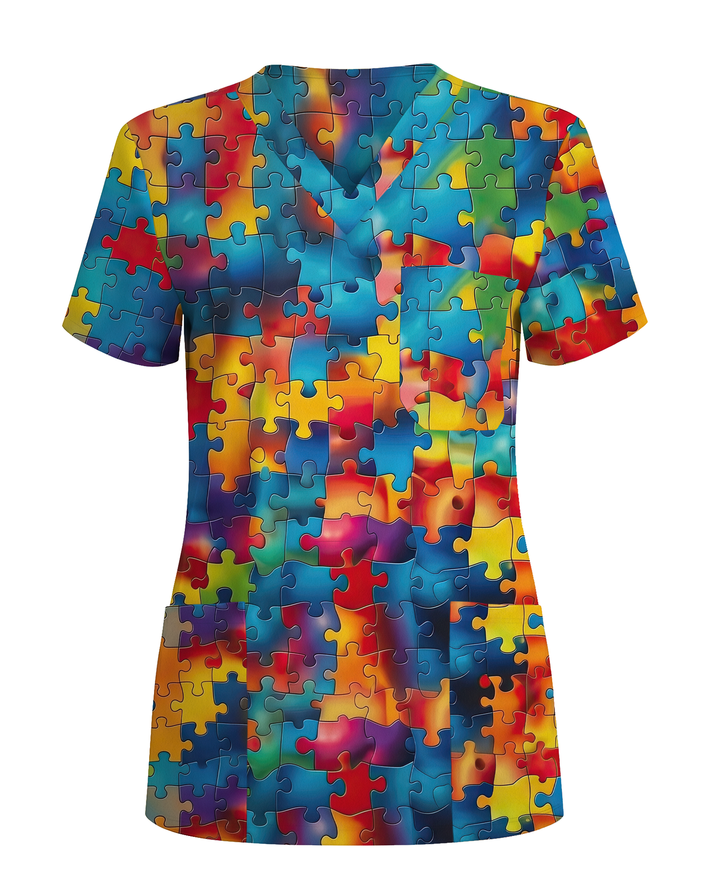 Tie-Dye Autism Awareness Puzzle Nurse Scrub Top - Scrubloop