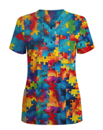 Tie-Dye Autism Awareness Puzzle Nurse Scrub Top - Scrubloop