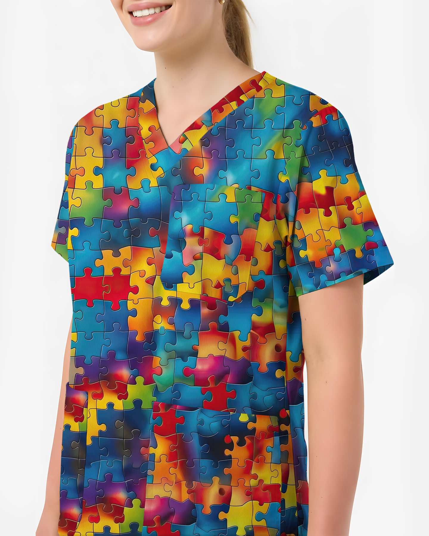 Tie-Dye Autism Awareness Puzzle Nurse Scrub Top - Scrubloop