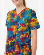 Tie-Dye Autism Awareness Puzzle Nurse Scrub Top - Scrubloop
